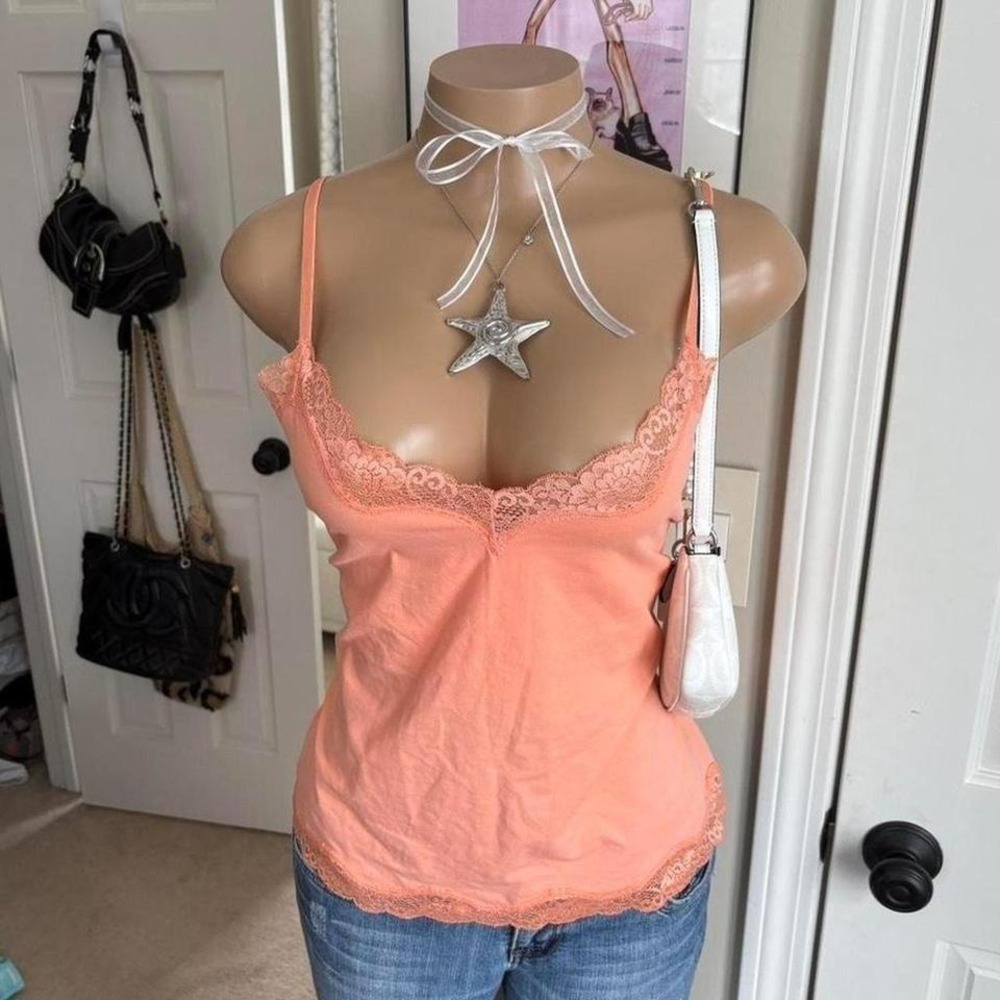 Y2K 2000s Peach pastel orange fairy Lace Trim Y2K Cami Tank top